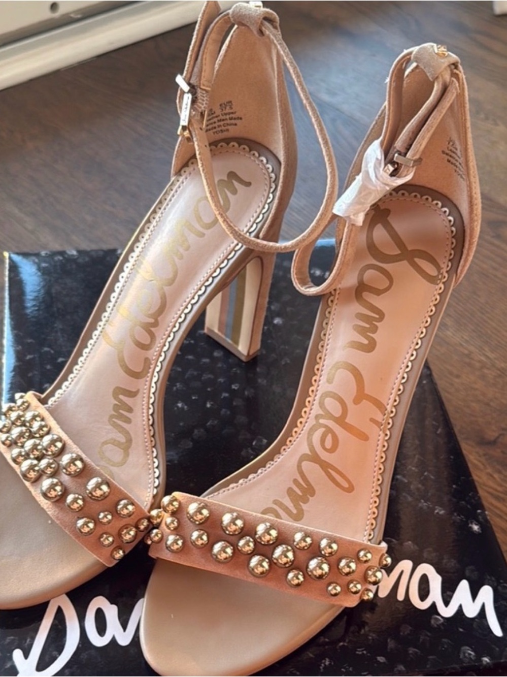 Sam Edelman Studded Nude Tan Ankle-Tie Block Heel Sandals